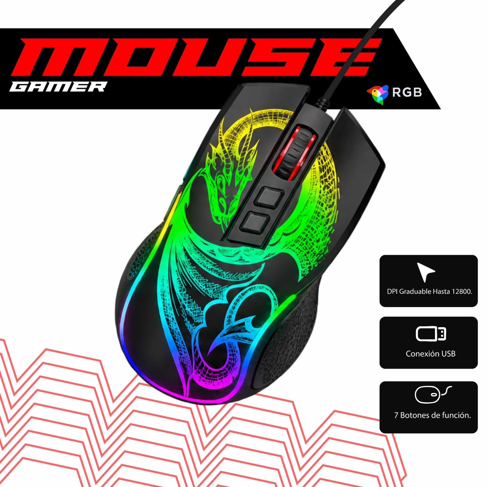 MOUSE GAMER USB RGB DRAGON MIC GM805 7B 12800DPI - 1