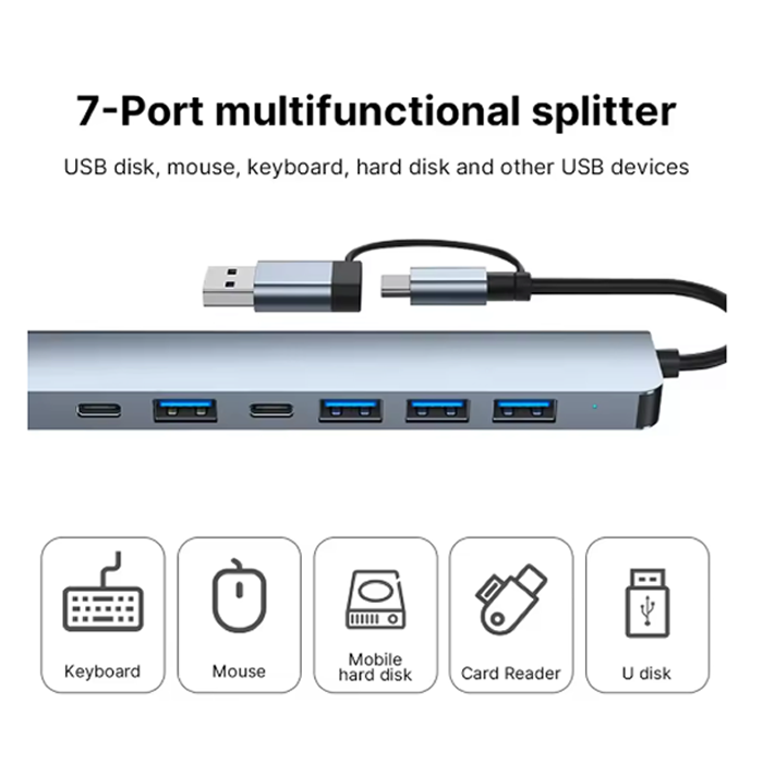 ADAPTADOR 7 EN 2 HUB TIPO C ADAPTADOR DIVISOR DOCK MULTIPUERTO USB 2,0 - 2