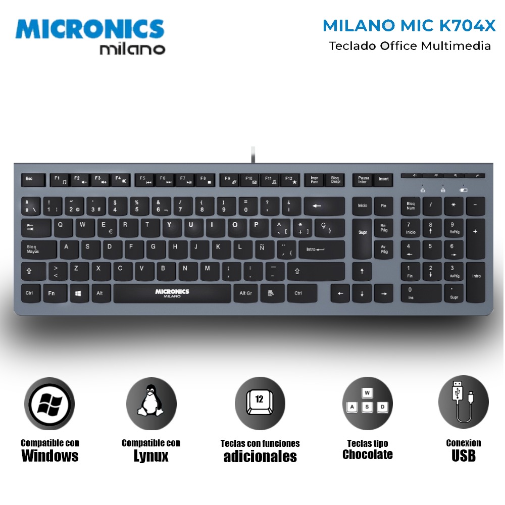 TECLADO MULTIMEDIA TIPO CHOCOLATE MILANO - MIC K704X - 1
