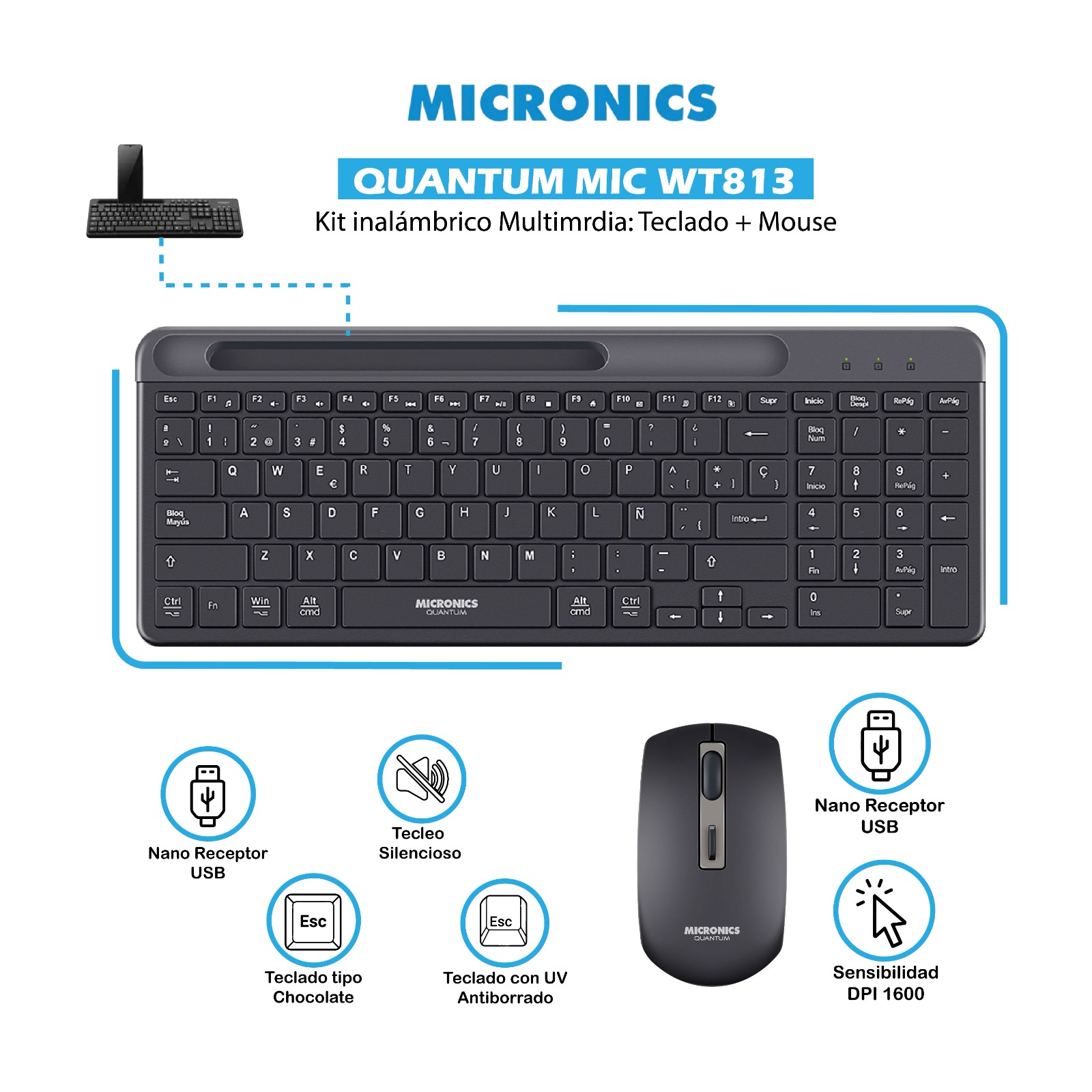KIT TECLADO + MOUSE QUANTUM - MIC WT813 BLACK - 2