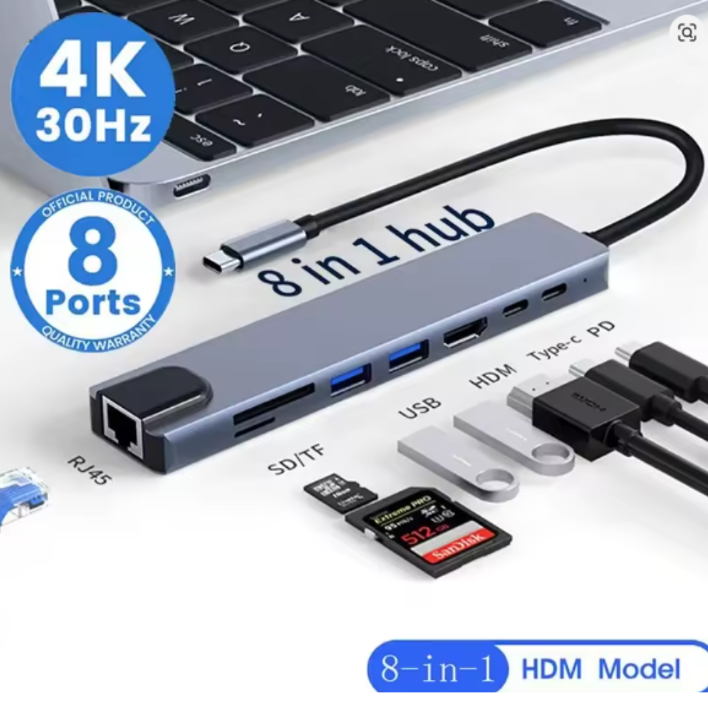 ADAPTADOR USB 8 EN 1 TIPO C 3 1 A 4K HDTV HUB CON LECTOR DE TARJETAS SD - 1