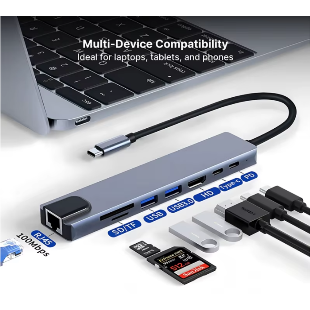 ADAPTADOR USB 8 EN 1 TIPO C 3 1 A 4K HDTV HUB CON LECTOR DE TARJETAS SD - 3
