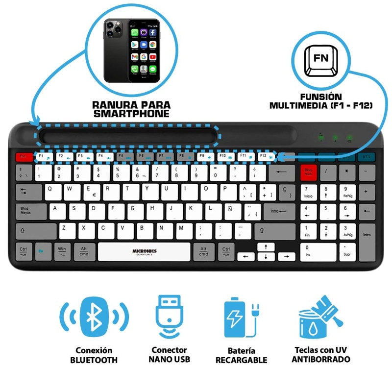 TECLADO MICRONICS BLUETOOTH INALAMBRICO RECARCABLE EN ESPAÑOL NEGRO QUANTUM - MIC K600-3M - 1