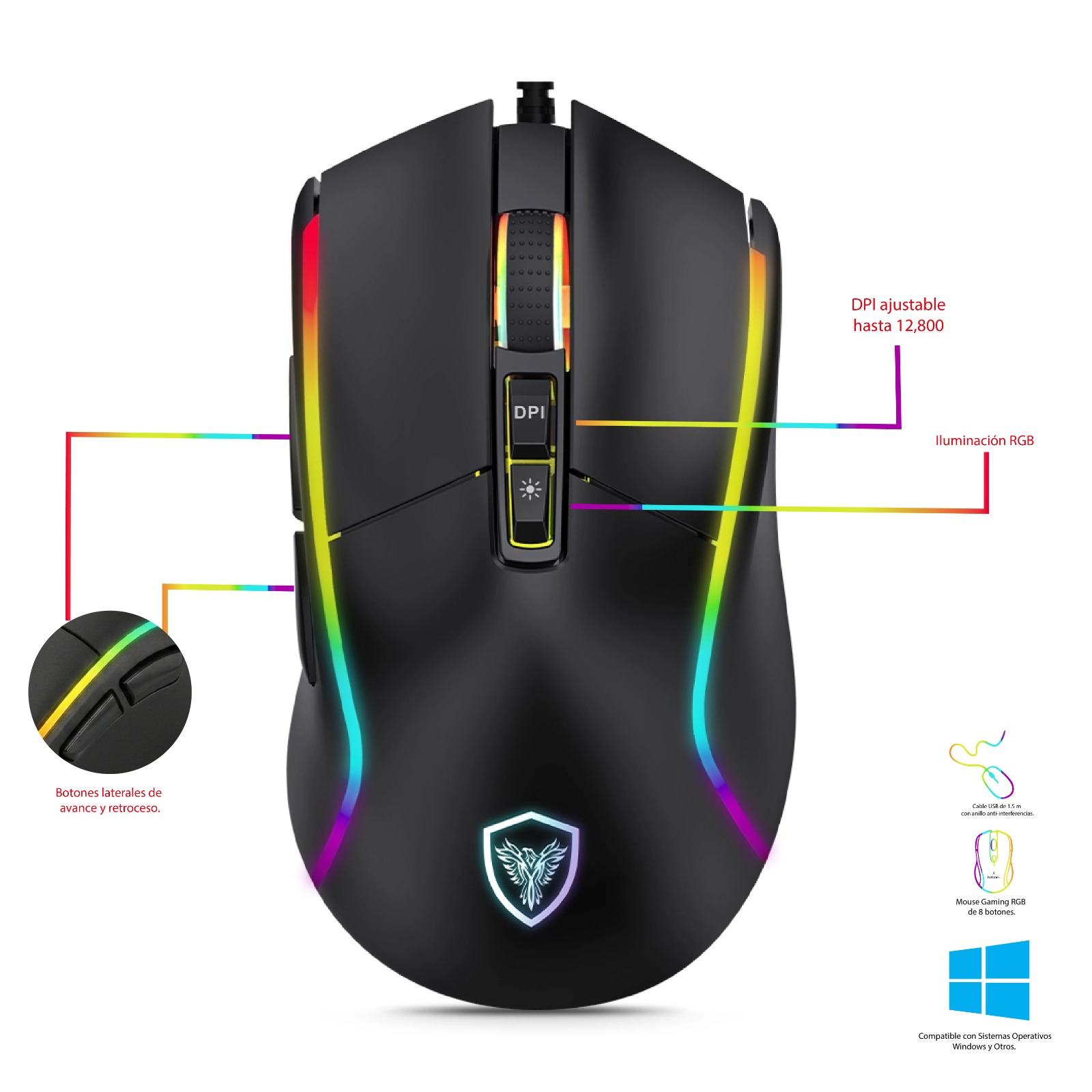 MOUSE GAMER LEGEND 8 MIC M803-8 USB LEDS 6B 12800PI - 1