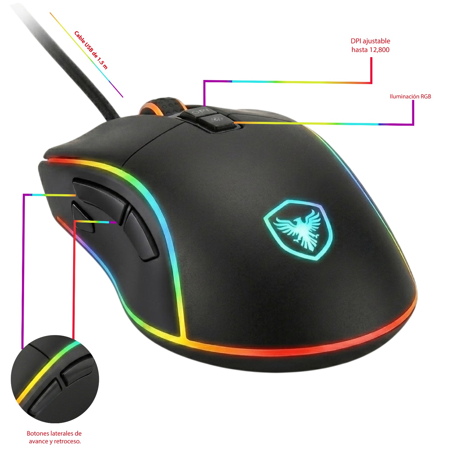 MOUSE GAMER LEGEND 8 MIC M803-8 USB LEDS 6B 12800PI - 4