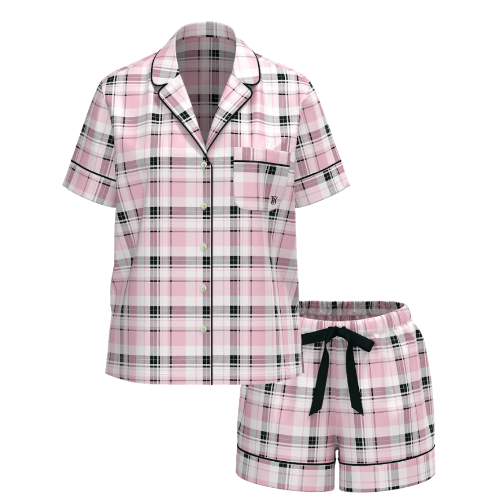 PIJAMA CORTA VICTORIA SECRET DE FRANELA ROSA CUADROS - 3