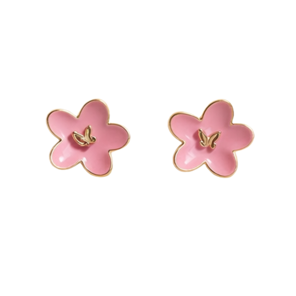 ARETES FLOR ROSA CON DETALLE DORADO ENCHAPADO EN ORO - 1