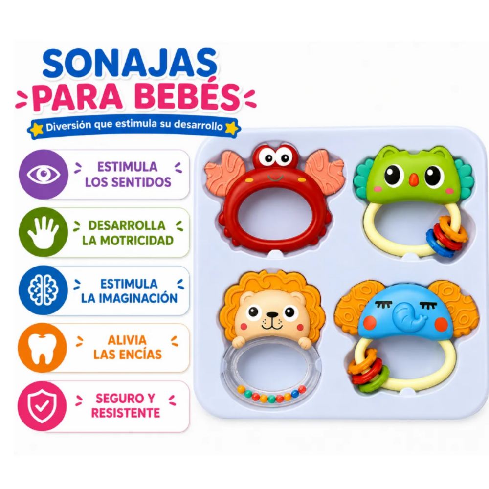 SET DE SONAJAS CON MORDEDOR ANIMALITOS 4 PIEZAS PARA BEBÉS - 1