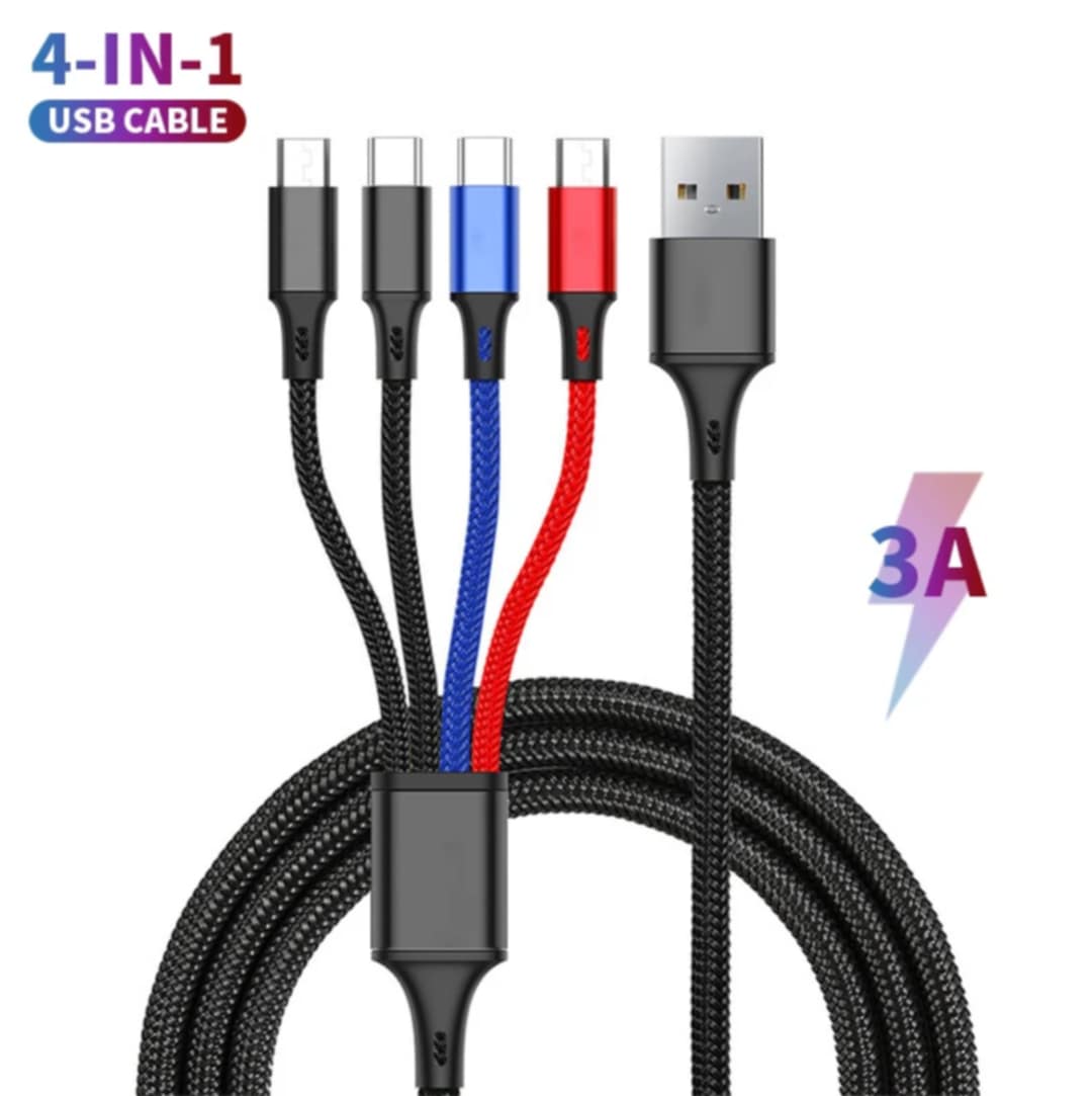 CABLE 4 EN 1 NEGRO DE NYLON PREMIUM REFORZADO PARA TODOS LOS MOVILES - 1