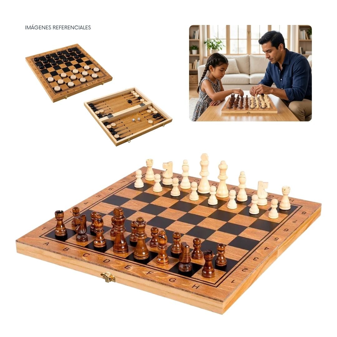 JUEGO DE MESA PLEGABLE 3 EN 1 - AJEDREZ DAMAS BACKGAMMON 29CM - 1