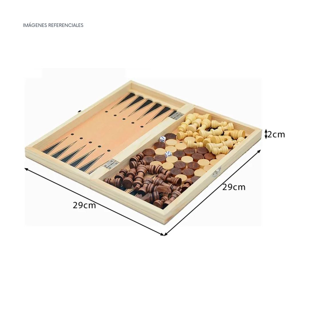 JUEGO DE MESA PLEGABLE 3 EN 1 - AJEDREZ DAMAS BACKGAMMON 29CM - 3