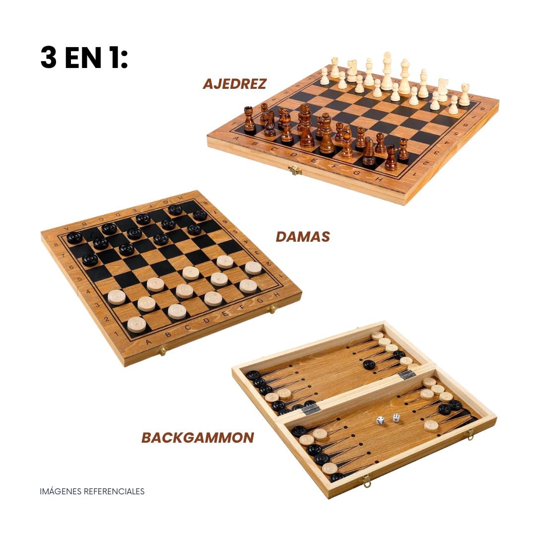 JUEGO DE MESA PLEGABLE 3 EN 1 - AJEDREZ DAMAS BACKGAMMON MEDIANO 39CM - 1