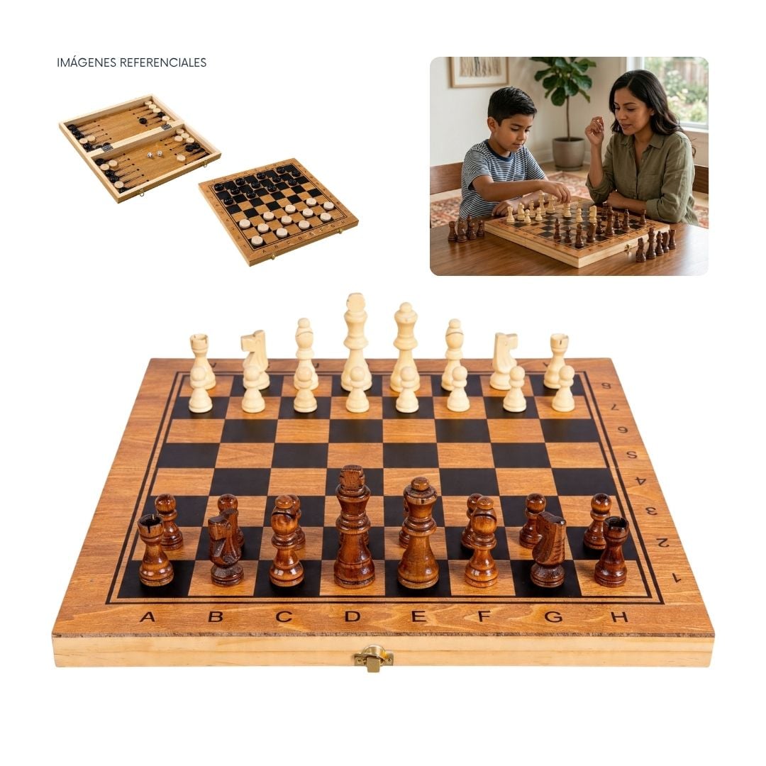 JUEGO DE MESA PLEGABLE 3 EN 1 - AJEDREZ DAMAS BACKGAMMON MEDIANO 39CM - 2