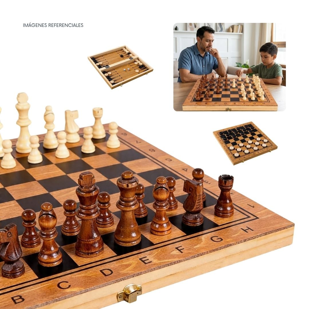 JUEGO DE MESA PLEGABLE 3 EN 1 - AJEDREZ DAMAS BACKGAMMON - GRANDE 48CM - 2