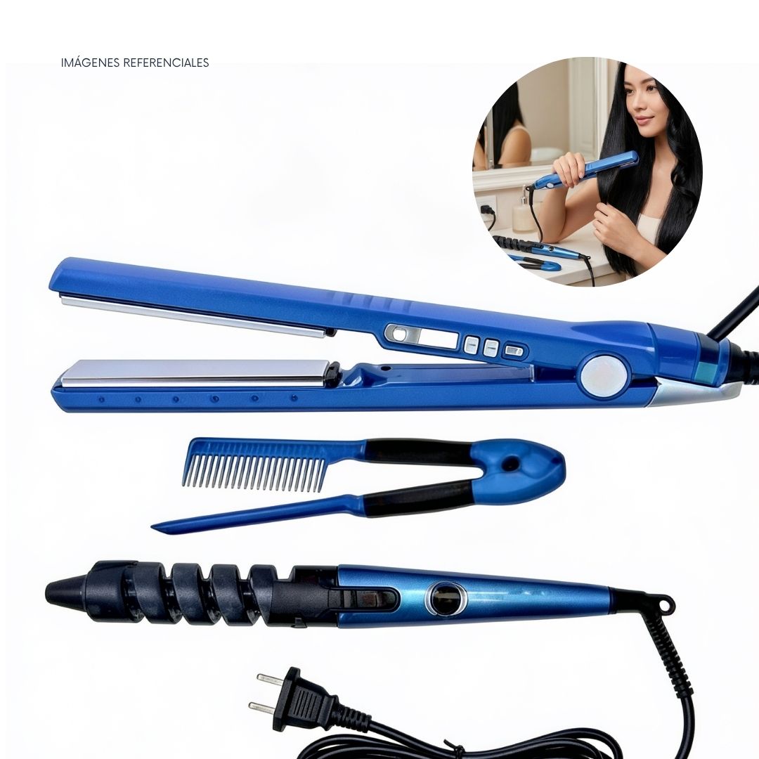 KIT PLANCHA PARA CABELLO 3 EN 1 CON RIZADOR Y PEINE ALISADOR - 1