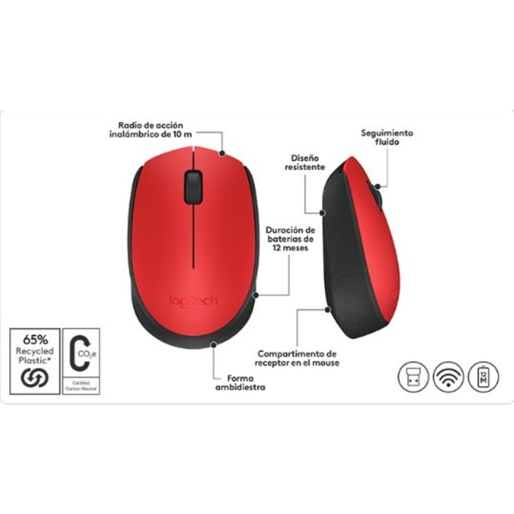 MOUSE INALÁMBRICO LOGITECH M170- ROJO - 3