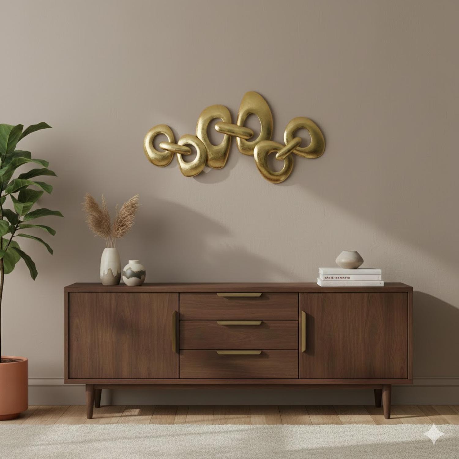 ESCULTURA PLACA DE PARED HIERRO ANILLOS DORADA CHAMPAGNE 82X82 CM - 1