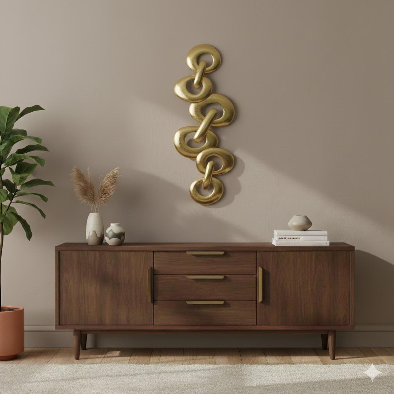 ESCULTURA PLACA DE PARED HIERRO ANILLOS DORADA CHAMPAGNE 82X82 CM - 2