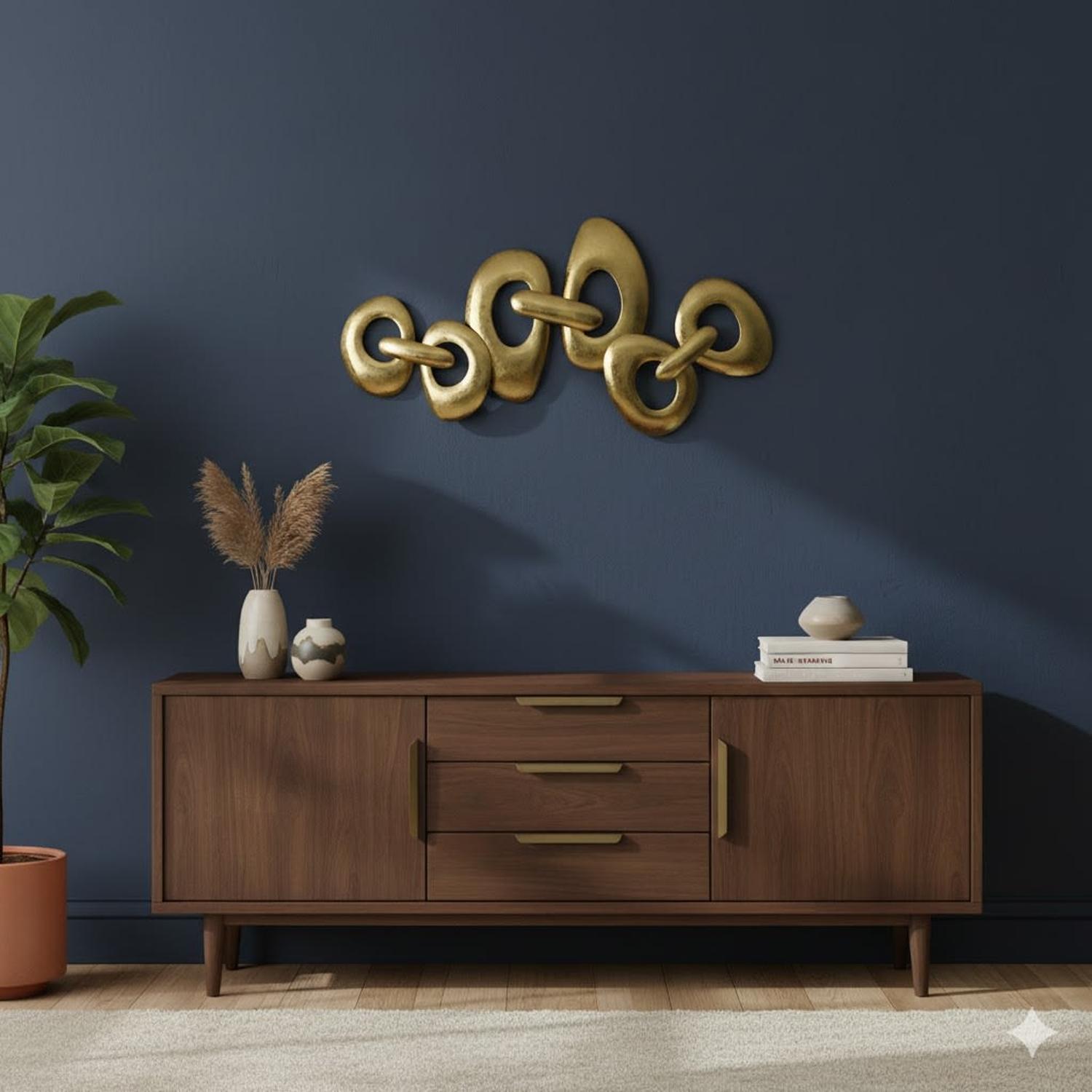 ESCULTURA PLACA DE PARED HIERRO ANILLOS DORADA CHAMPAGNE 82X82 CM - 3
