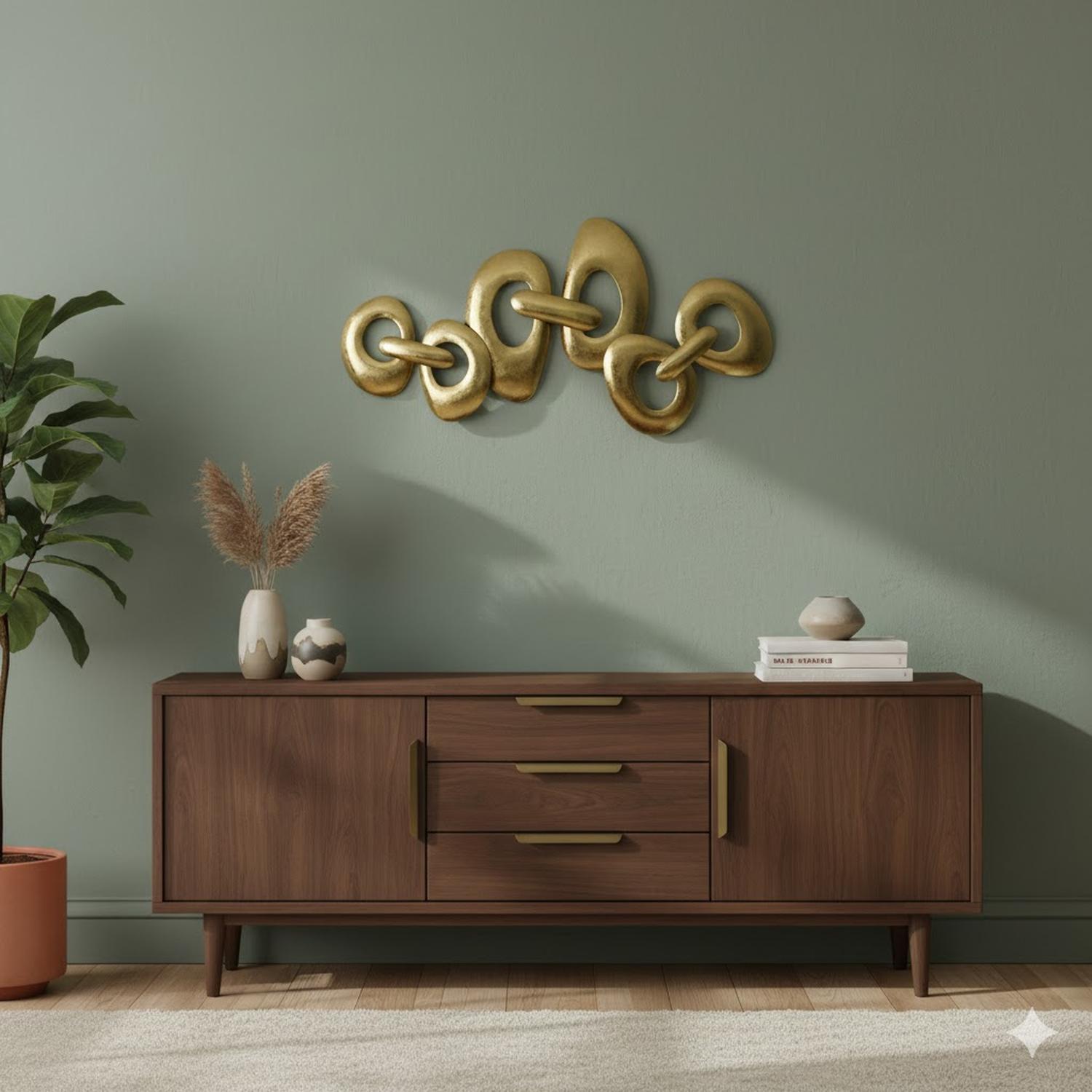 ESCULTURA PLACA DE PARED HIERRO ANILLOS DORADA CHAMPAGNE 82X82 CM - 4