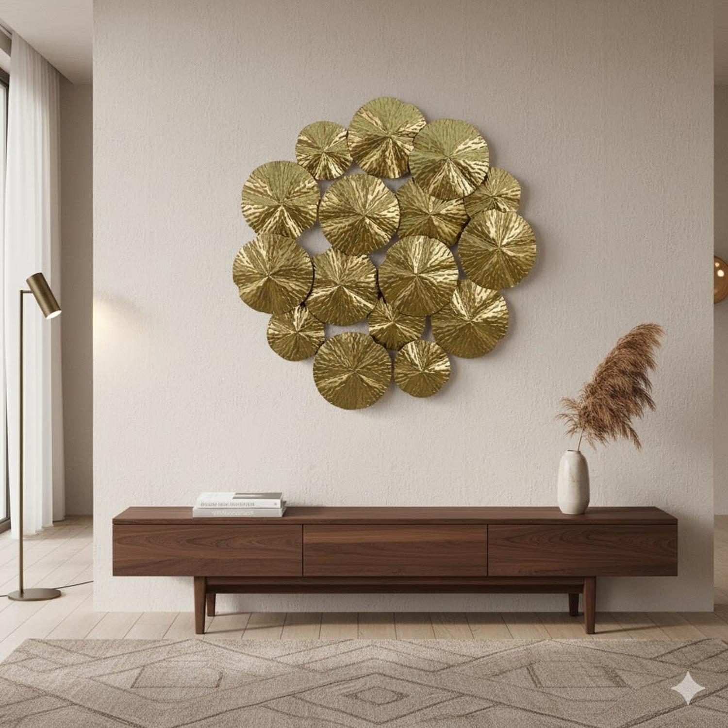 ESCULTURA PLACA DE PARED HIERRO FLOWER DORADA CHAMPAGNE 82X82 CM - 1
