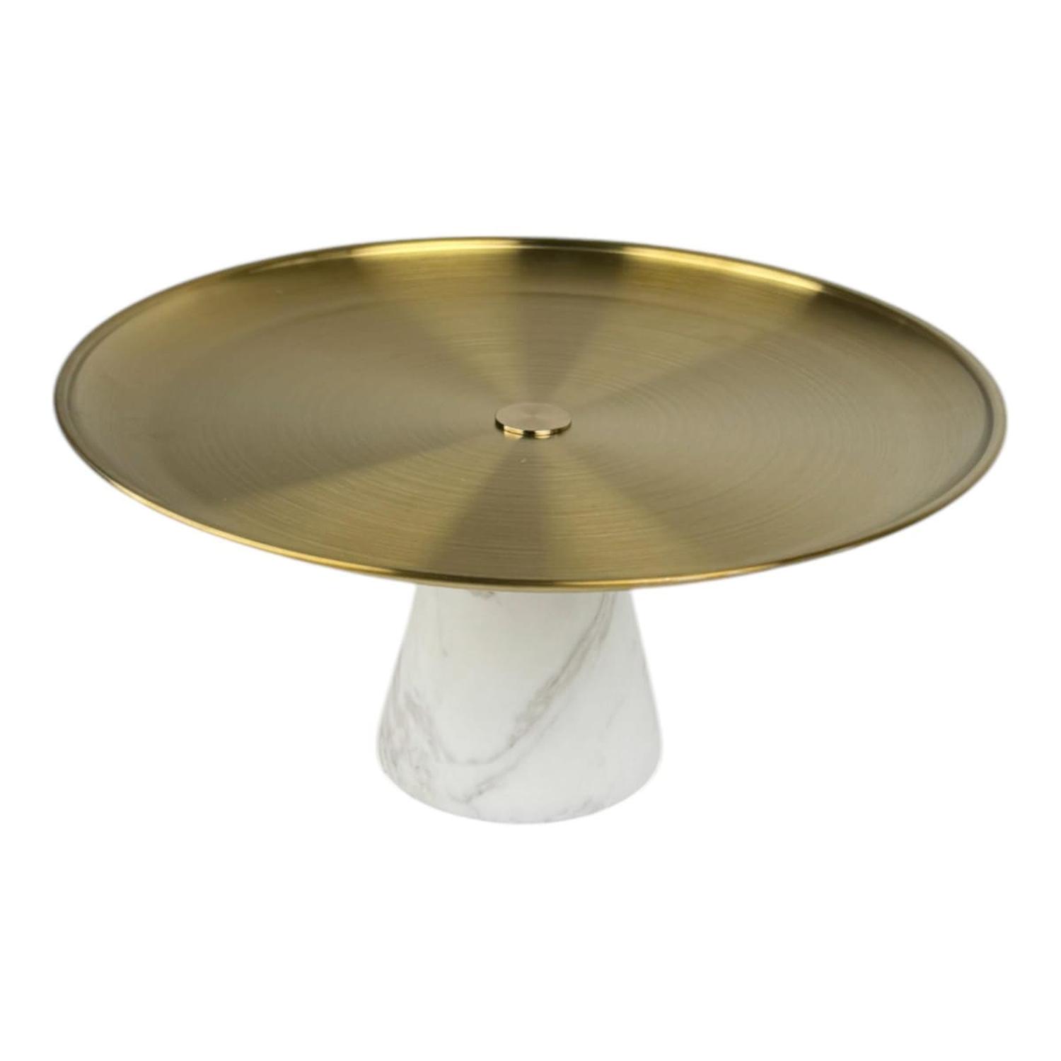 BANDEJA PORTA TORTA MÁRMOL NATURAL PEDESTAL METAL DORADO 30X30 CM - 4
