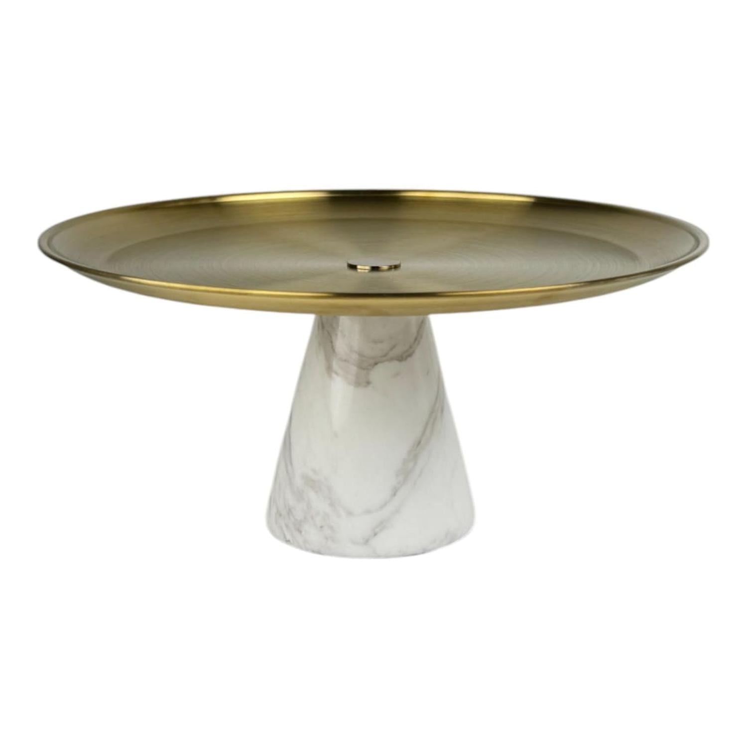 BANDEJA PORTA TORTA MÁRMOL NATURAL PEDESTAL METAL DORADO 30X30 CM - 5