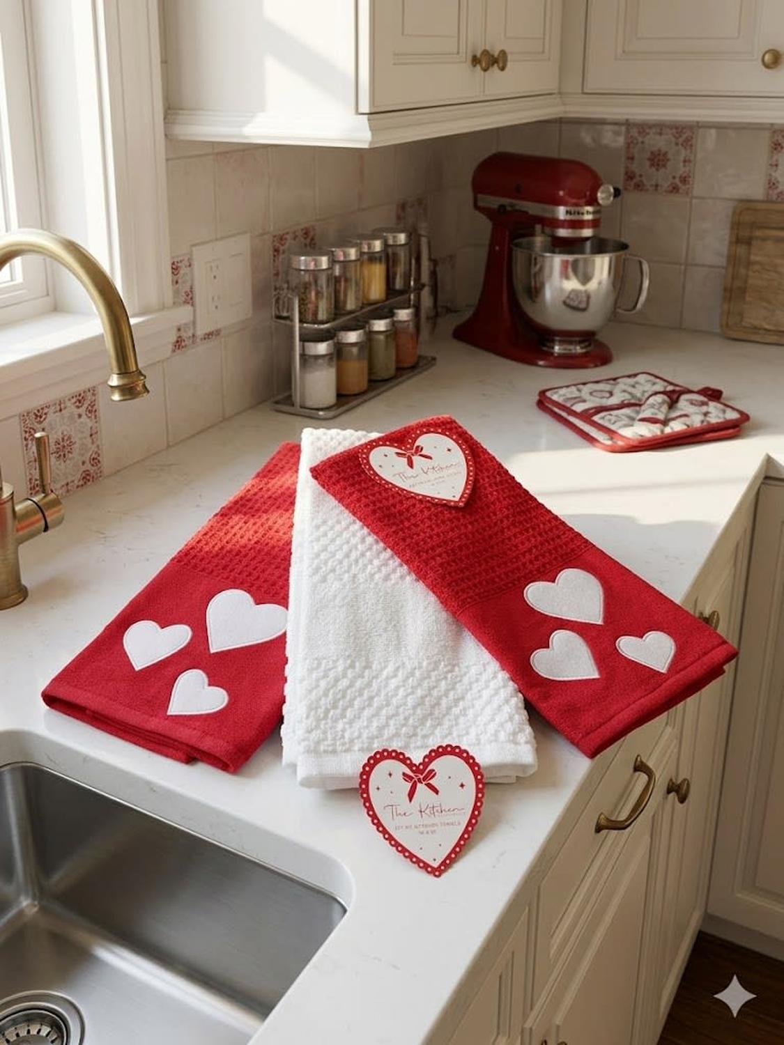 SET X3 PAÑOS SECADORES DE COCINA 100% ALGODÓN TOALLA CORAZONES - 1