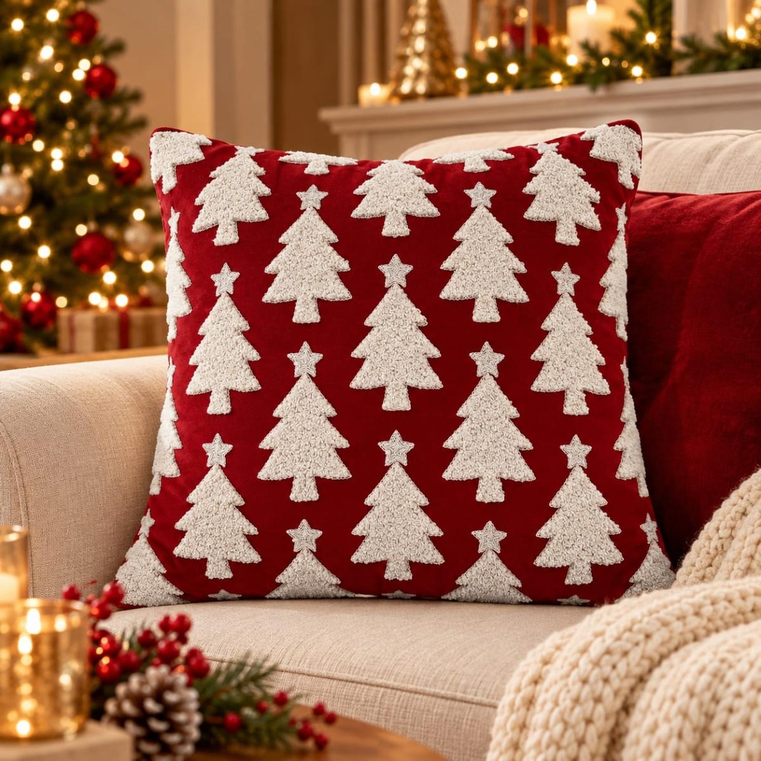 COJÍN NAVIDEÑO PINOS VELVET RED - 1