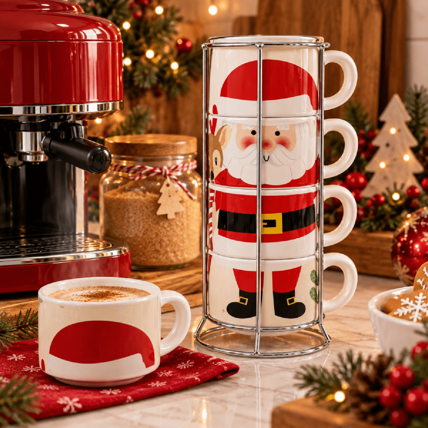 SET DE TAZAS NAVIDEÑAS SANTA CON BASE (4 PZS) - 1