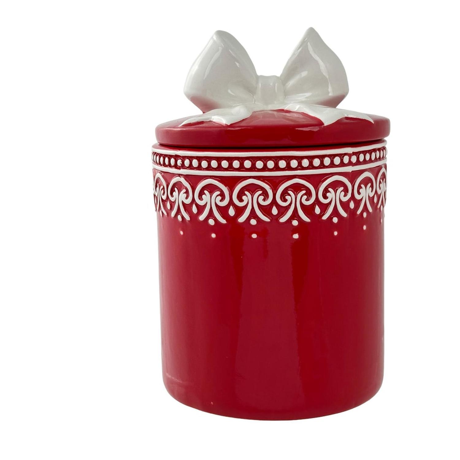 GALLETERO NAVIDEÑO DE CERÁMICA ROJO CON LAZO BLANCO - 2