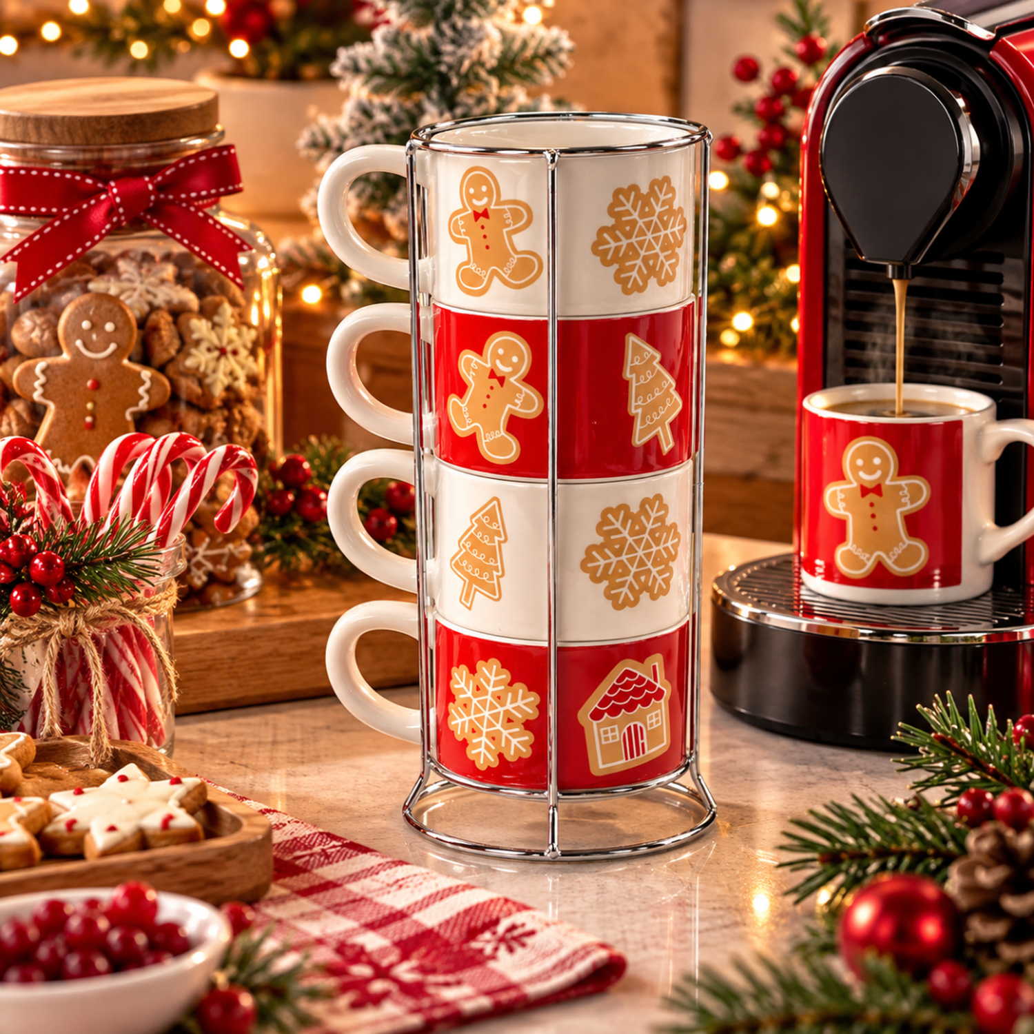 SET DE TAZAS NAVIDEÑAS GINGERBREAD CON BASE (4 PZS) - 1