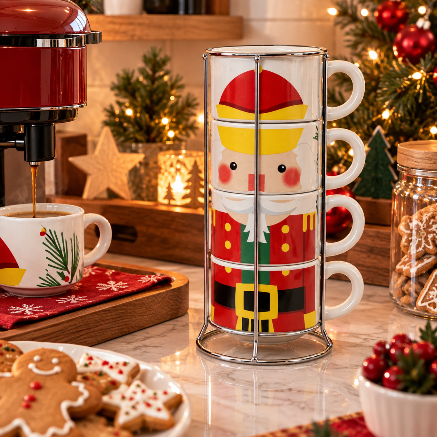 SET DE TAZAS NAVIDEÑAS CASCANUECES CON BASE (4 PZS) - 1