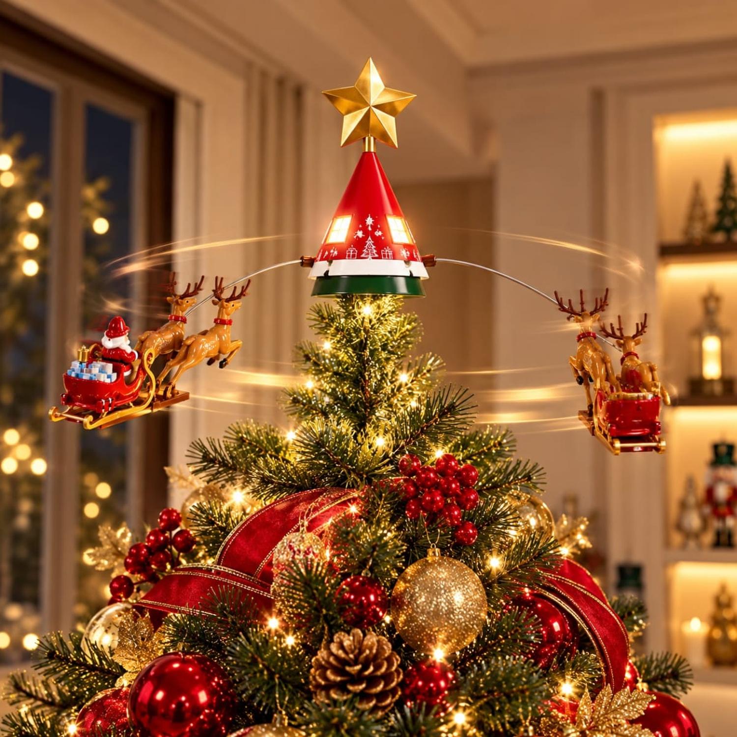 TOPPER ESTRELLA GIRATORIA PARA ARBOL DE NAVIDAD CON LUCES Y TRINEO - 1