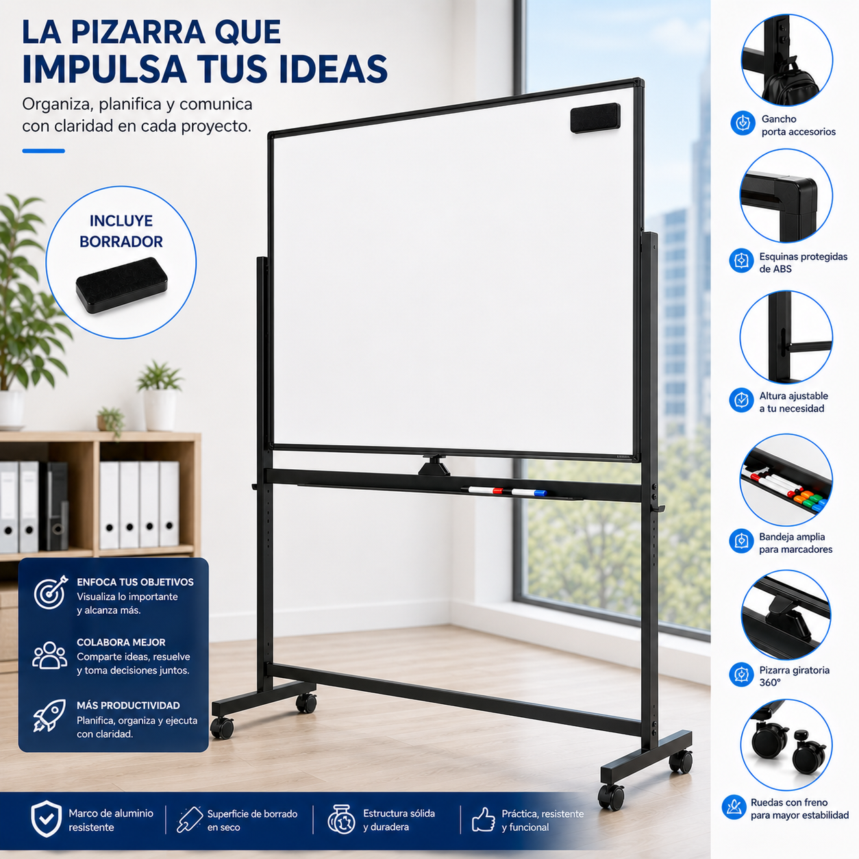 PIZARRA ACRÍLICA DOBLE GIRATORIA BLANCA MOVIBLE RUEDAS Y FRENO SOPORTE DE ESTRUCTURA NEGRO - 1