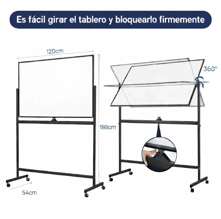 PIZARRA ACRÍLICA DOBLE GIRATORIA BLANCA MOVIBLE RUEDAS Y FRENO SOPORTE DE ESTRUCTURA NEGRO - 4