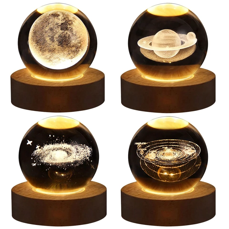 LÁMPARA DE NOCHE - BOLA DE CRISTAL 3D CON BASE DE MADERA - 1