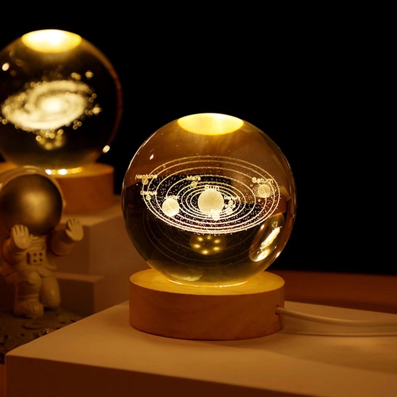 LÁMPARA DE NOCHE - BOLA DE CRISTAL 3D CON BASE DE MADERA - 3