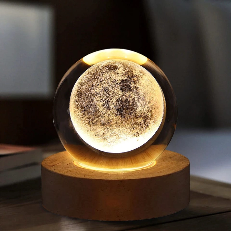 LÁMPARA DE NOCHE - BOLA DE CRISTAL 3D CON BASE DE MADERA - 4