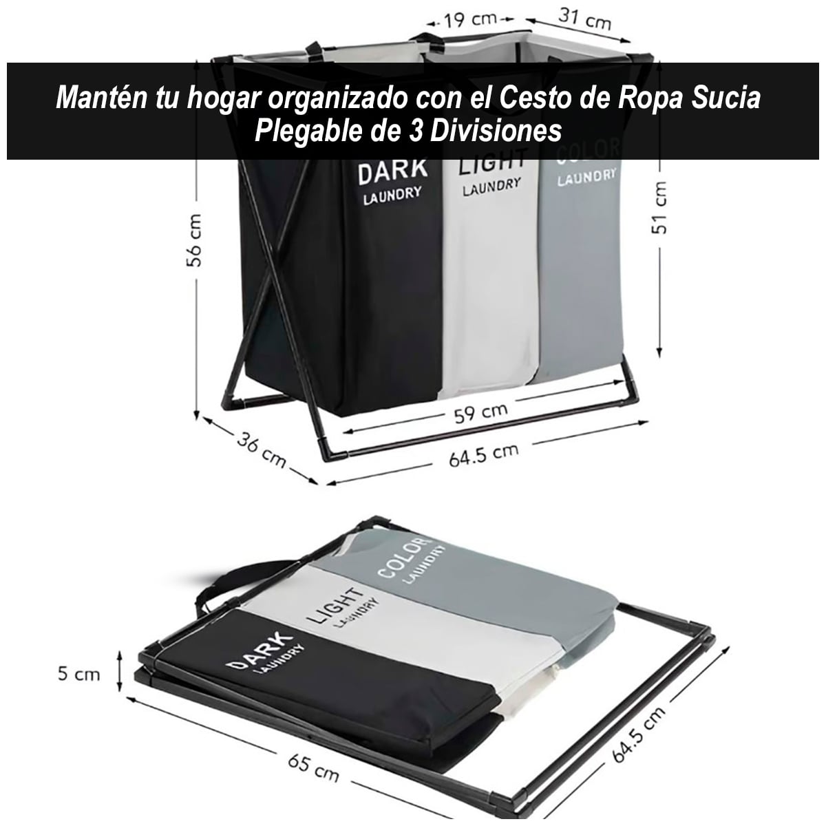 CESTO DE ROPA SUCIA PLEGABLE DE 3 DIVISIONES - 2