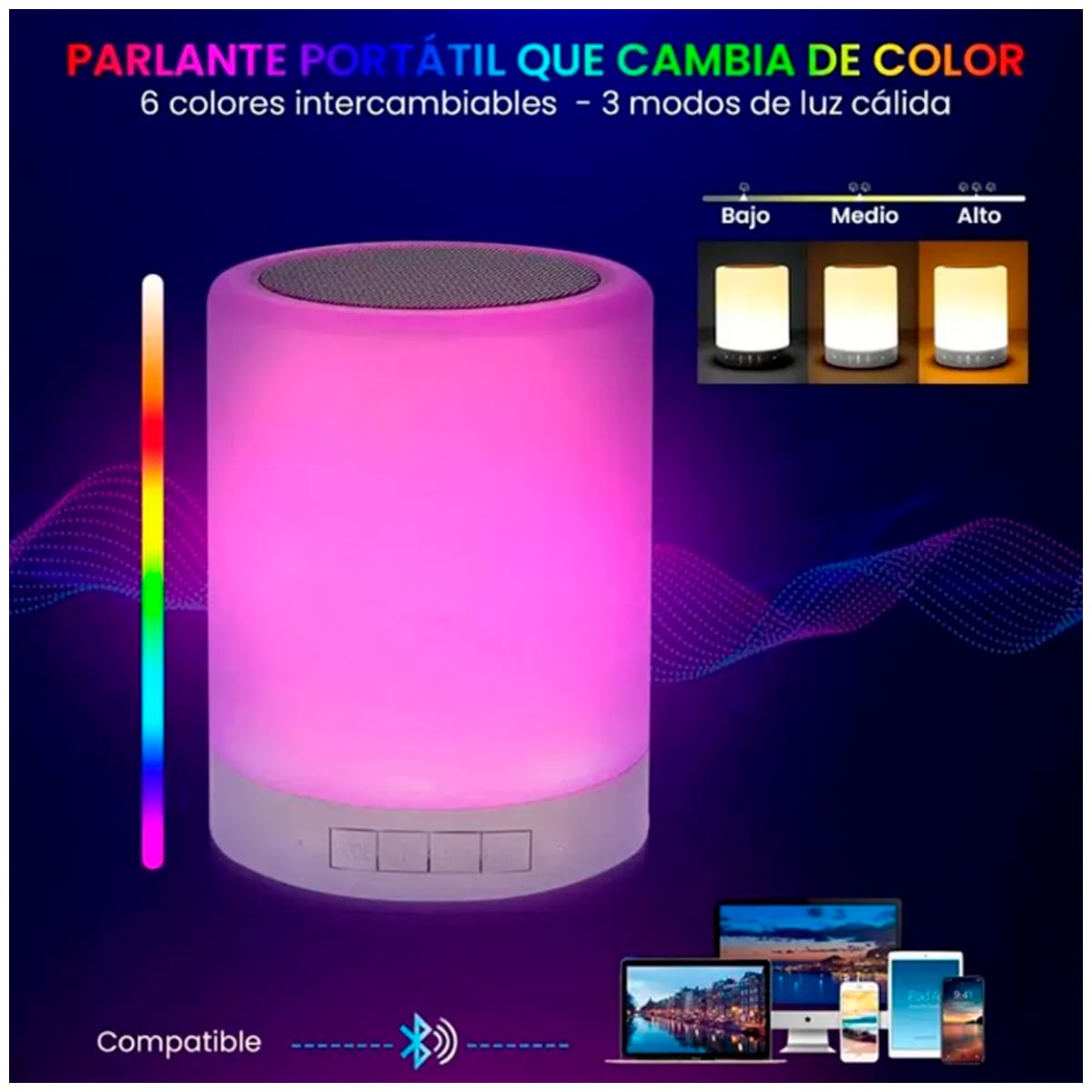 PARLANTE BLUETOOTH TOUCH 2 EN 1 CON LUCES LED MULTICOLOR CON CARGA USB - 3