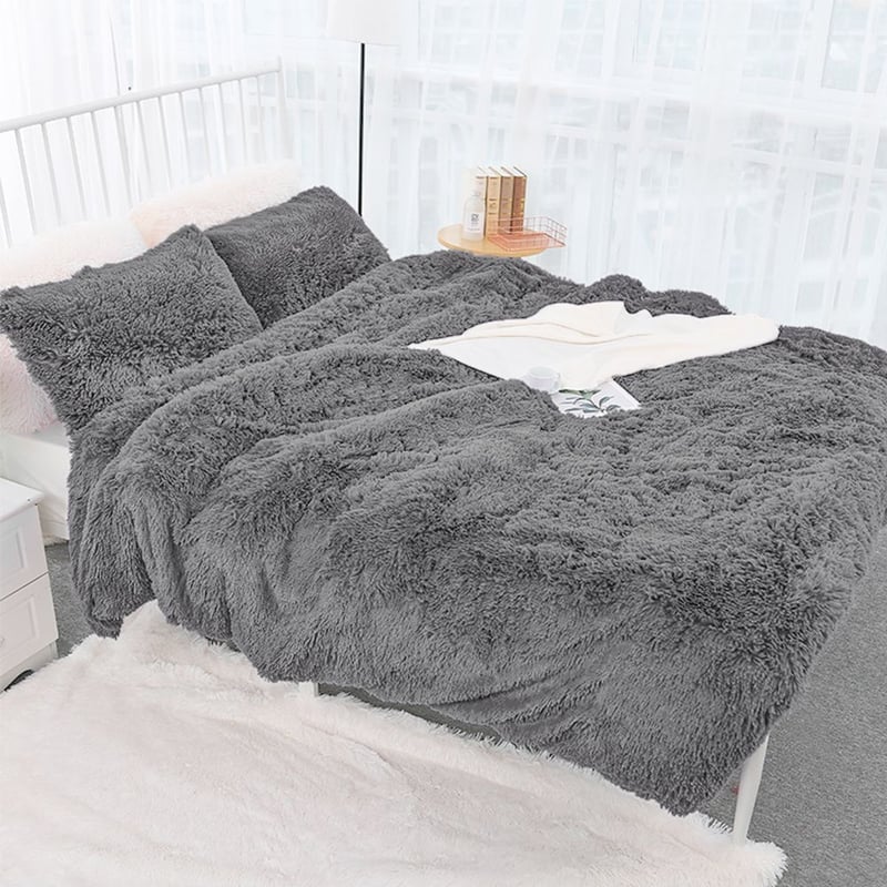 Set copripiumino in velluto di pelliccia sintetica da 3 pezzi: biancheria da letto morbida, calda e in peluche con design in tinta una, 1 copripiumino e 1/2 federa, W  15