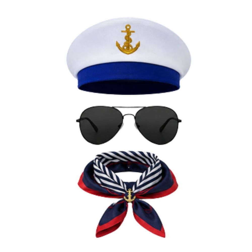 SET MARINERO UNISEX CON GORRO DE CAPITÁN Y ACCESORIOS HALLOWEEN FIESTA DISFRAZ - 1