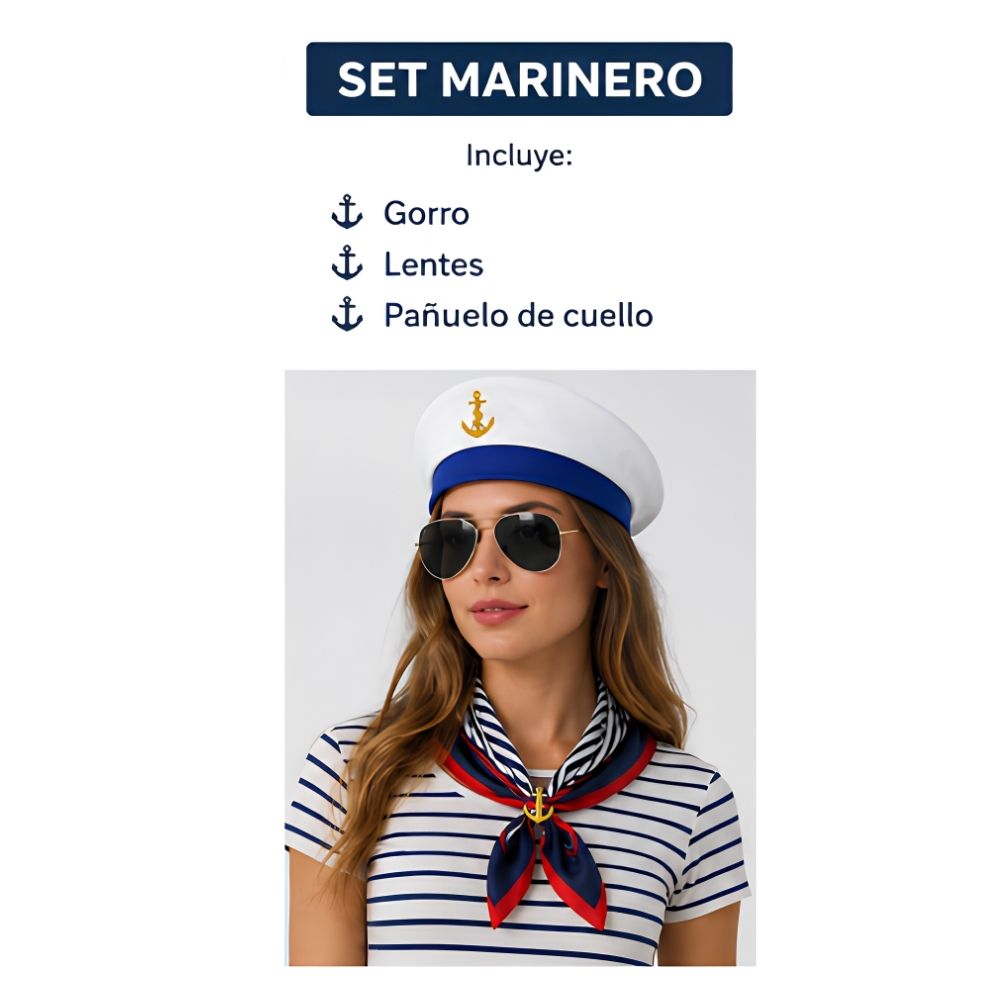 SET MARINERO UNISEX CON GORRO DE CAPITÁN Y ACCESORIOS HALLOWEEN FIESTA DISFRAZ - 2