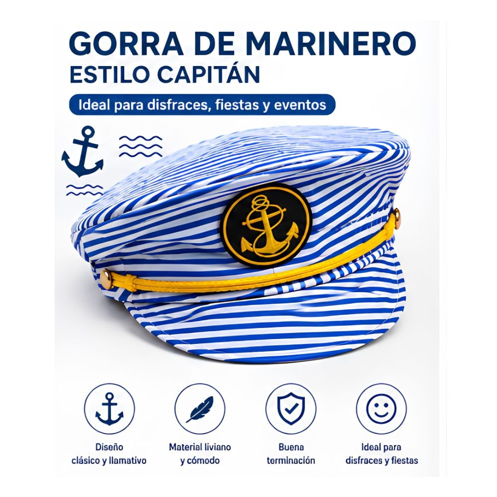 GORRA DE MARINERO CAPITÁN AZUL Y BLANCO CON ANCLA DORADA DISFRACES HALLOWEEN FIESTA - 2