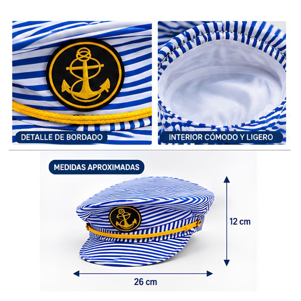 GORRA DE MARINERO CAPITÁN AZUL Y BLANCO CON ANCLA DORADA DISFRACES HALLOWEEN FIESTA - 3