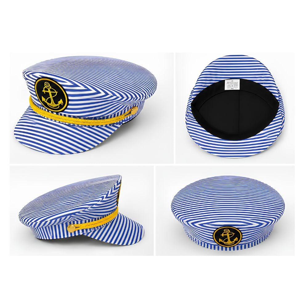 GORRA DE MARINERO CAPITÁN AZUL Y BLANCO CON ANCLA DORADA DISFRACES HALLOWEEN FIESTA - 4