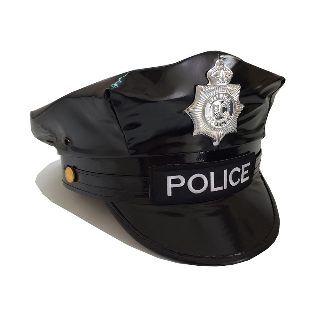GORRO DE POLICIA OCTOGONAL DE CUERO NEGRO DISFRAZ COSPLAY - 1