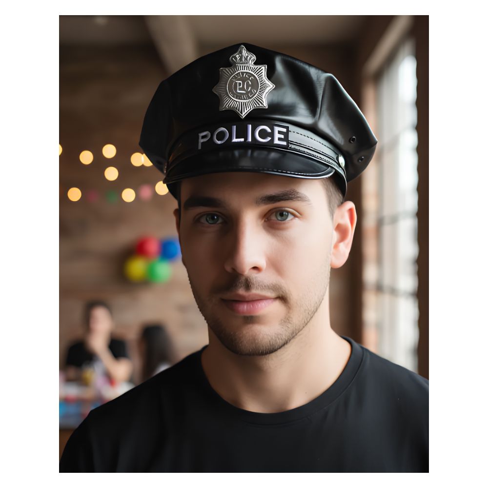 GORRO DE POLICIA OCTOGONAL DE CUERO NEGRO DISFRAZ COSPLAY - 3