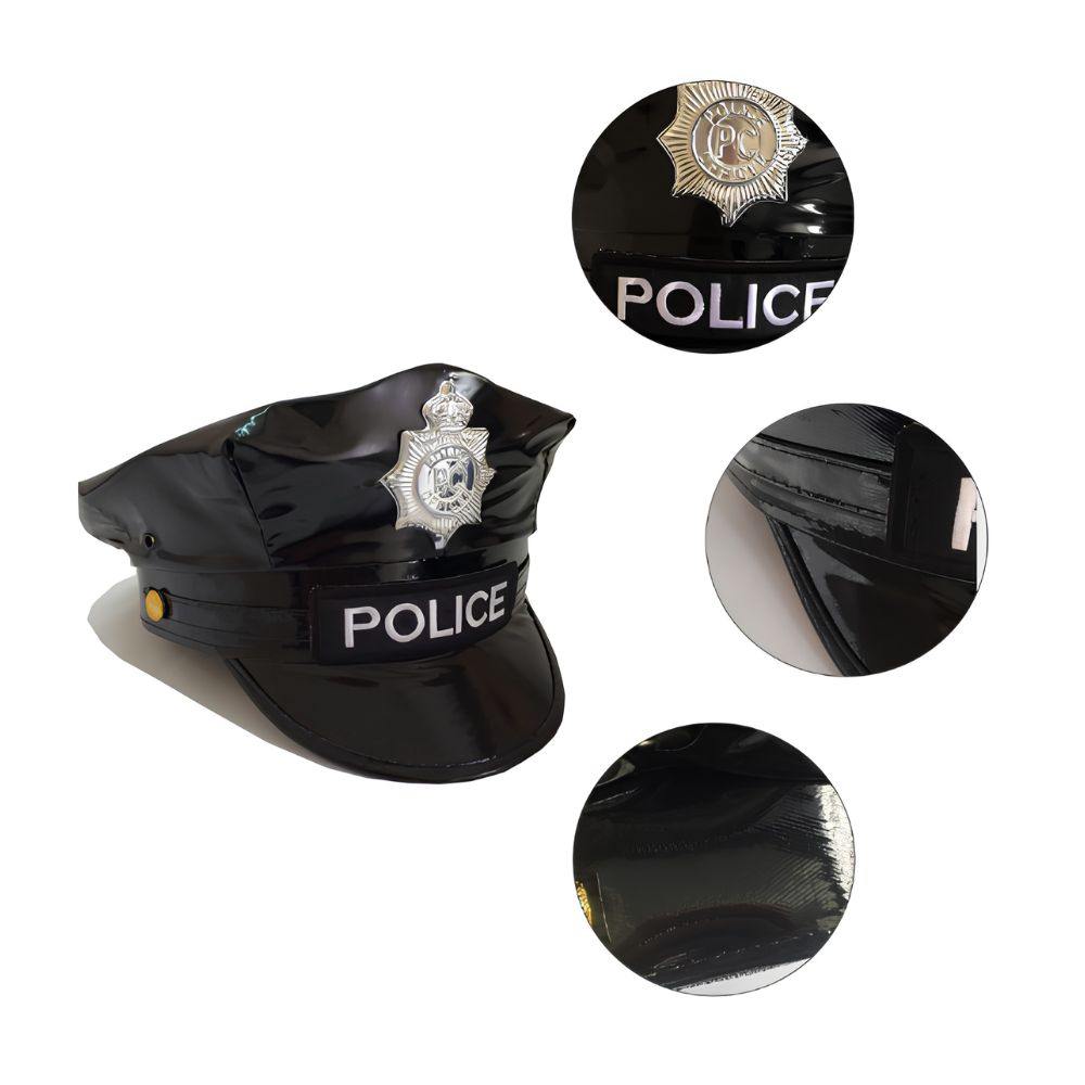 GORRO DE POLICIA OCTOGONAL DE CUERO NEGRO DISFRAZ COSPLAY - 5